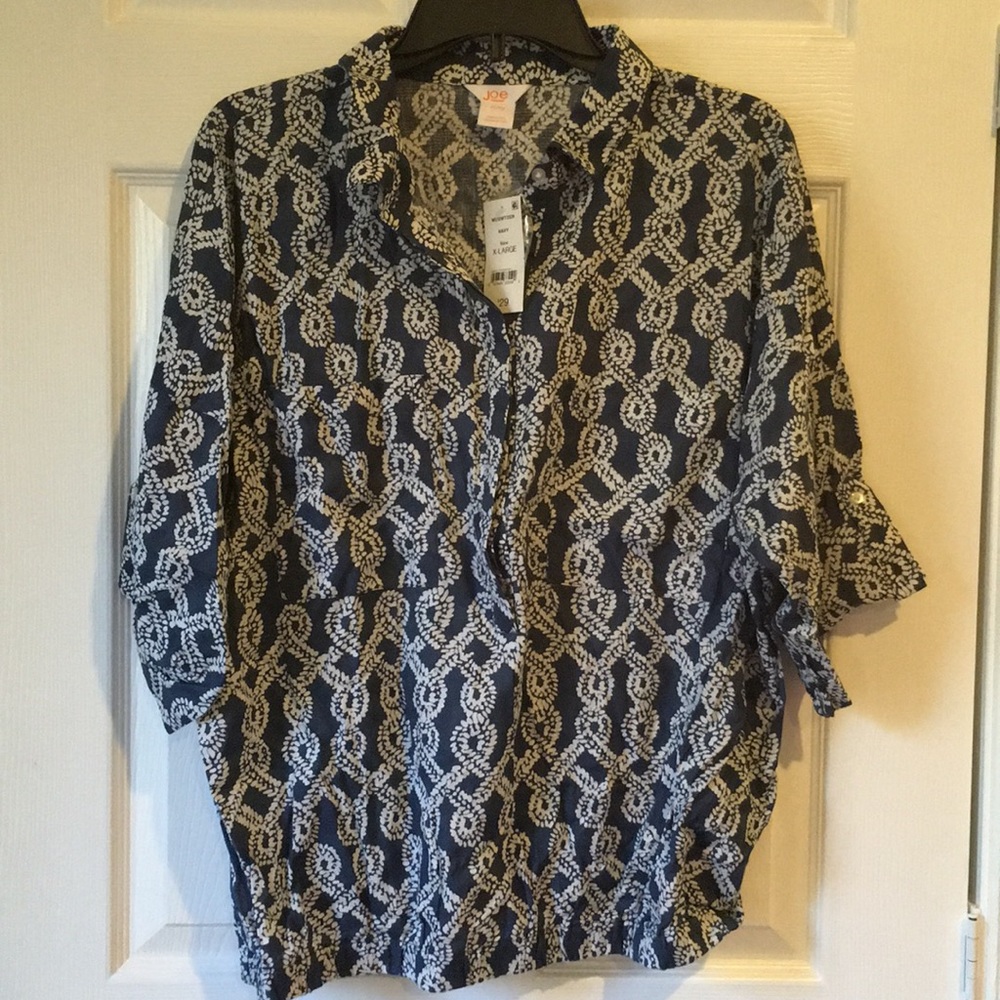 Joe Fresh Navy and White Chain-Print Button-Up Blouse XL